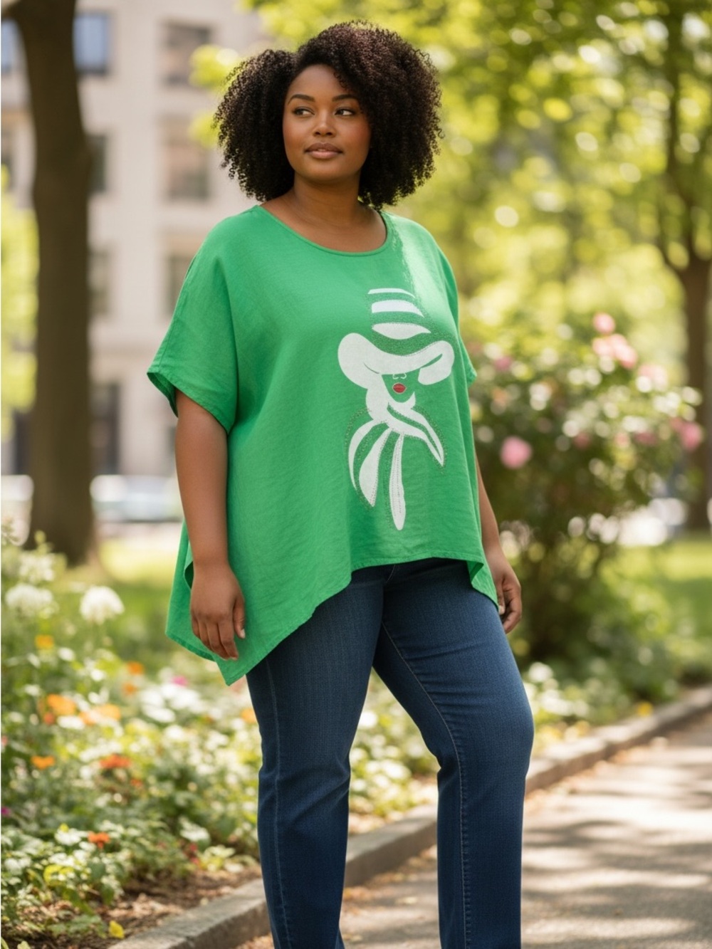 FROCCELLA Green Graphic Scoop Neck Women's linen kaftan top one size